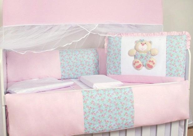 Kit Berço 9 Peças Rosa e Verde Água 100 Algodão Ursa Floral - Beybe Menor preço em Kit Berço 9 Peças Rosa e Verde Água 100 Algodão Ursa Floral - Beybe