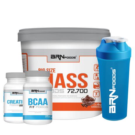 Kit Big Size Mass 6kg Chocolate + BCAA Fit Foods 120 Tabletes + Creatine Foods 100 100g + Coqueteleira BRNFOODS Menor preço em Kit Big Size Mass 6kg Chocolate + BCAA Fit Foods 120 Tabletes + Creatine Foods 100 100g + Coqueteleira BRNFOODS