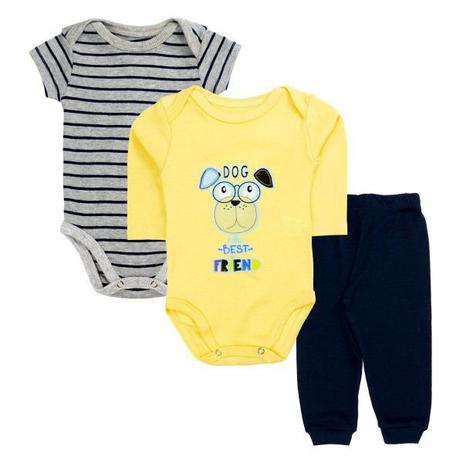 Kit Body Baby 3 Peças Infantil Ribana Dog Amarelo - UP Kids Menor preço em Kit Body Baby 3 Peças Infantil Ribana Dog Amarelo - UP Kids