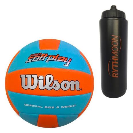 Kit Bola de Vôlei Super Soft Play Wilson Azul Claro/Laranja + Squeeze Automático 1lt - Rythmoon Menor preço em Kit Bola de Vôlei Super Soft Play Wilson Azul Claro/Laranja + Squeeze Automático 1lt - Rythmoon