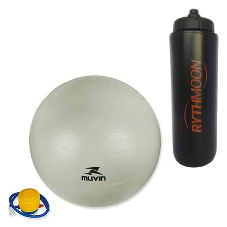 kit Bola Pilates Fitball C/ Bomba Muvin 65cm Cinza + Squeeze Automático 1lt - Rythmoon Menor preço em kit Bola Pilates Fitball C/ Bomba Muvin 65cm Cinza + Squeeze Automático 1lt - Rythmoon