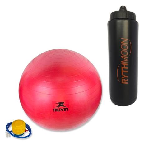 kit Bola Pilates Fitball C/ Bomba Muvin 65cm Vermelha + Squeeze Automático 1lt - Rythmoon Menor preço em kit Bola Pilates Fitball C/ Bomba Muvin 65cm Vermelha + Squeeze Automático 1lt - Rythmoon