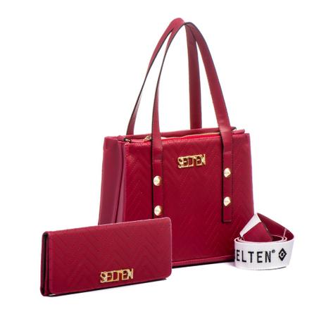 Kit Bolsa Feminina de Mão e Lateral Com Carteira Vermelha Selten Menor preço em Kit Bolsa Feminina de Mão e Lateral Com Carteira Vermelha Selten