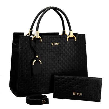 Kit Bolsa Lateral e de Mão Com Carteira Preta Selten Menor preço em Kit Bolsa Lateral e de Mão Com Carteira Preta Selten