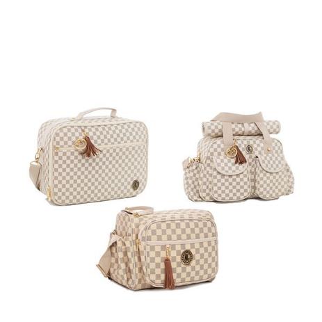 Kit bolsa maternidade escocesa caramelo 3pcs bolsa, mala, frasqueira - Lequiqui Menor preço em Kit bolsa maternidade escocesa caramelo 3pcs bolsa, mala, frasqueira - Lequiqui