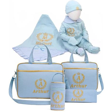 Menor preço em Kit Bolsa Maternidade + Saída Maternidade Azul Bebê/Dourado  Class Baby - Evundile