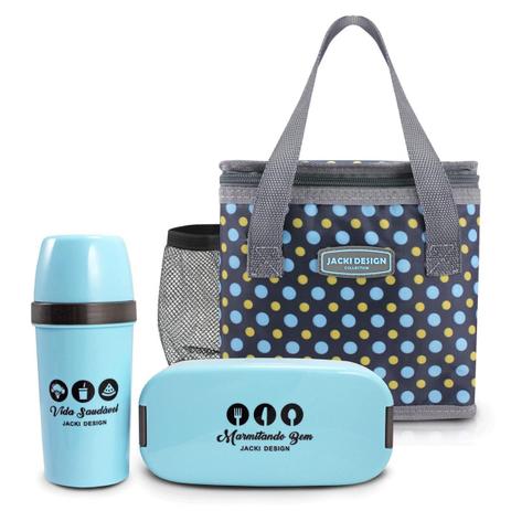 Kit bolsa térmica de bolinhas cinza com garrafa e marmita - Jacki Design Menor preço em Kit bolsa térmica de bolinhas cinza com garrafa e marmita - Jacki Design