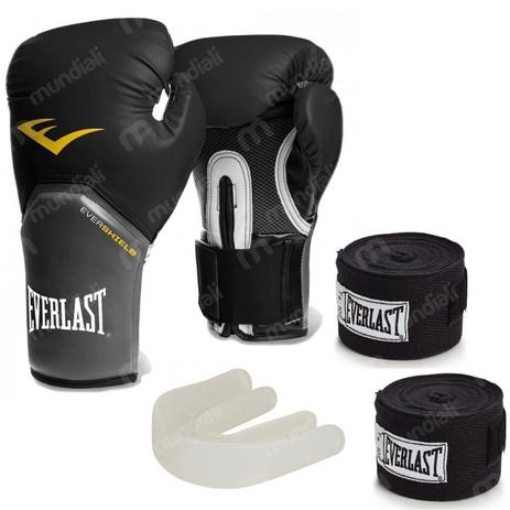 Menor preço em Kit Boxe Everlast com Luva pro Style 12 Oz Preta + Protetor Bucal + 2 Bandagens