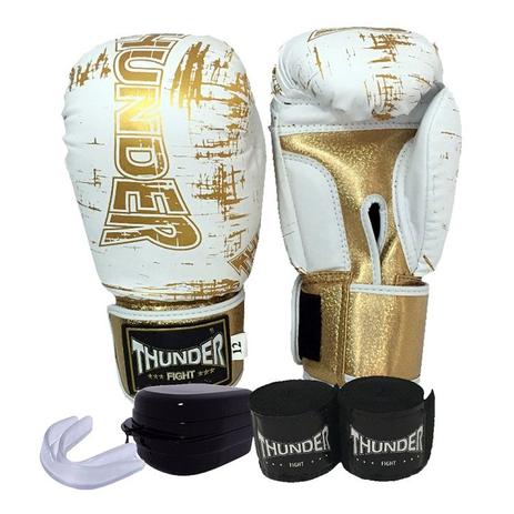 Menor preço em kit Boxe / Muay Thai / Kickboxing - luva 10 oz Branca com Dourado  + bandagem + protetor bucal - Thunder Fight - REF 906