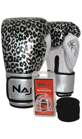 Kit Boxe Muay Thai - Luva Animal Print Onça Prata + Bandagem (2,30 metros) Preta + Protetor Bucal Si - Naja é boa?