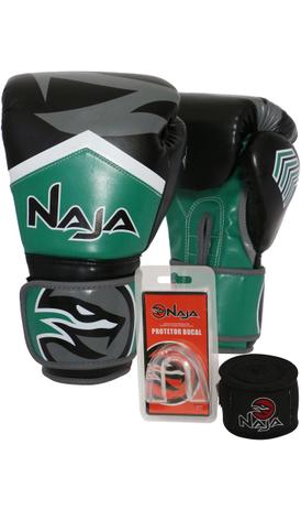 Kit Boxe Muay Thai - Luva New Extreme Verde + Bandagem (2,30 metros) Preta + Protetor Bucal Simples - Naja é boa?