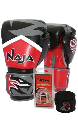 Kit Boxe Muay Thai - Luva New Extreme Vermelha + Bandagem (2,30 metros) Preta + Protetor Bucal Simpl - Naja Menor preço em Kit Boxe Muay Thai - Luva New Extreme Vermelha + Bandagem (2,30 metros) Preta + Protetor Bucal Simpl - Naja