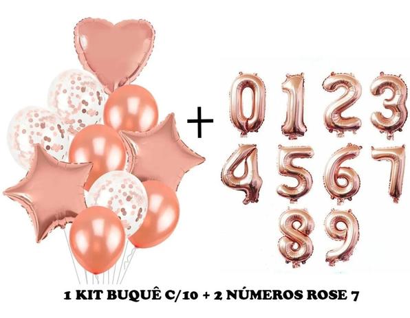 Kit Buque Baloes Rose Gold C/10 + 2 Balão Número Rose 40cm - Kazarti Eventos