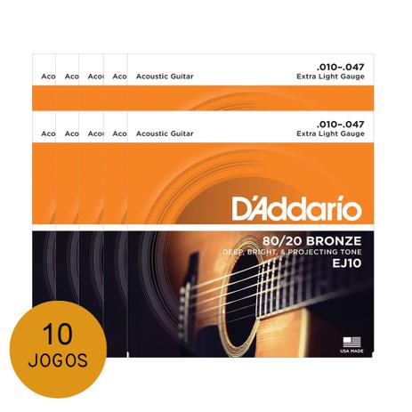 KIT C/ 10 Encordoamentos DAddario P/ Violão Aço Extra Light 80/20 Bronze EJ10 10/47 - EC0146K10 Menor preço em KIT C/ 10 Encordoamentos DAddario P/ Violão Aço Extra Light 80/20 Bronze EJ10 10/47 - EC0146K10