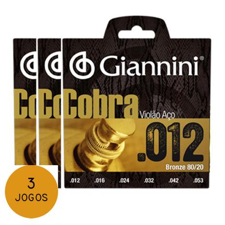 KIT C/ 3 Encordoamentos Giannini P/ Violão Aço Cobra CA82L 12/53 - EC0276K3 Menor preço em KIT C/ 3 Encordoamentos Giannini P/ Violão Aço Cobra CA82L 12/53 - EC0276K3