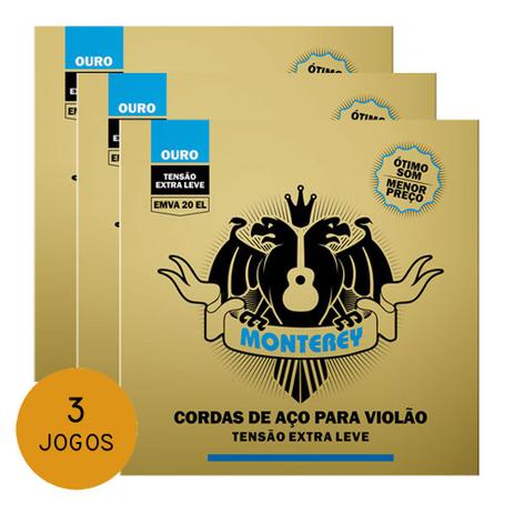 KIT C/ 3 Encordoamentos Monterey Ouro P/ Violão Aço EMVA20 EL Extra Leve - EC0355K3 Menor preço em KIT C/ 3 Encordoamentos Monterey Ouro P/ Violão Aço EMVA20 EL Extra Leve - EC0355K3