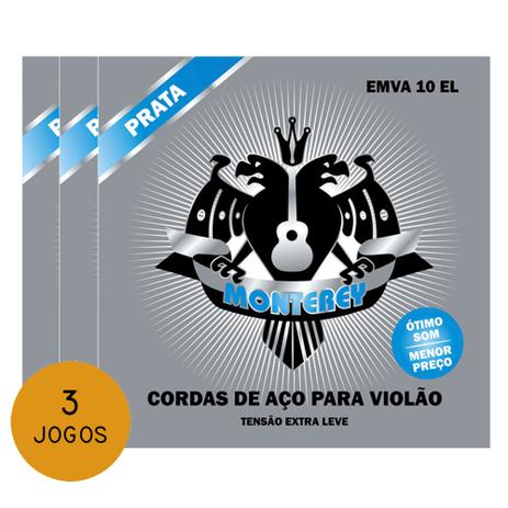 KIT C/ 3 Encordoamentos Monterey Prata P/ Violão Aço EMVA10 EL 0.10/0.47 - EC0348K3 Menor preço em KIT C/ 3 Encordoamentos Monterey Prata P/ Violão Aço EMVA10 EL 0.10/0.47 - EC0348K3
