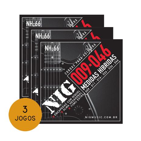 KIT C/ 3 Encordoamentos NIG NH66 P/ Guitarra Hybrid Class 9/46 - EC0073K3 - Nig music Menor preço em KIT C/ 3 Encordoamentos NIG NH66 P/ Guitarra Hybrid Class 9/46 - EC0073K3 - Nig music