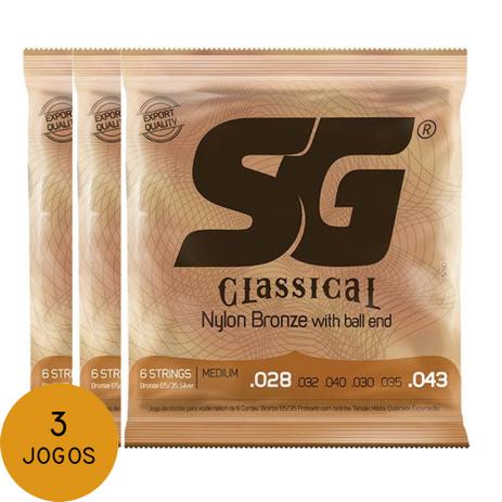 KIT C/ 3 Encordoamentos P/ Violão Nylon SG C/ Bolinha Tensão Média - EC0214K3 - Sg strings Menor preço em KIT C/ 3 Encordoamentos P/ Violão Nylon SG C/ Bolinha Tensão Média - EC0214K3 - Sg strings
