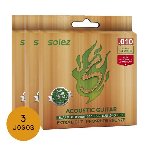 KIT C/ 3 Encordoamentos Solez P/ Violão Aço SLAPB10 0.10/0.50 - EC0346K3 - Solez strings Menor preço em KIT C/ 3 Encordoamentos Solez P/ Violão Aço SLAPB10 0.10/0.50 - EC0346K3 - Solez strings
