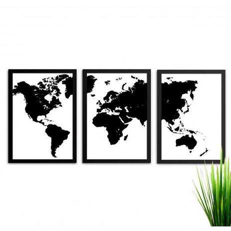 Kit c/3 quadros mapa múndi preto e branco 45x32,5 cm cada- moldura preta 2 cm - Los quadros Menor preço em Kit c/3 quadros mapa múndi preto e branco 45x32,5 cm cada- moldura preta 2 cm - Los quadros