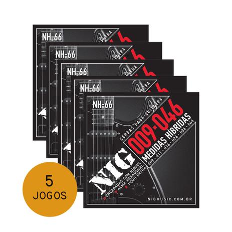 KIT C/ 5 Encordoamentos NIG NH66 P/ Guitarra Hybrid Class 9/46 - EC0073K5 - Nig music Menor preço em KIT C/ 5 Encordoamentos NIG NH66 P/ Guitarra Hybrid Class 9/46 - EC0073K5 - Nig music