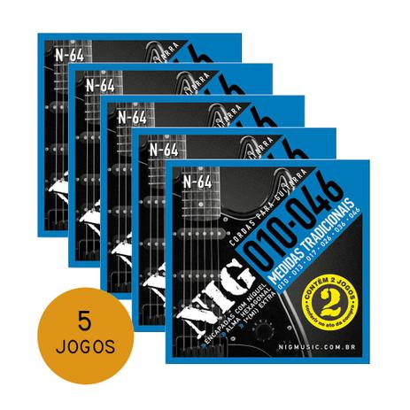 KIT C/ 5 Encordoamentos NIG P/ Guitarra Duplo 2N64 10/46 - EC0385K5 - Nig strings Menor preço em KIT C/ 5 Encordoamentos NIG P/ Guitarra Duplo 2N64 10/46 - EC0385K5 - Nig strings