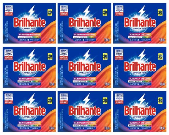 Kit C/ 9 unidades de Lava roupa pó Brilhante 1,6kg Menor preço em Kit C/ 9 unidades de Lava roupa pó Brilhante 1,6kg