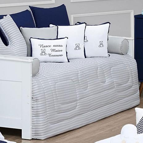 Kit Cama Babá Auxiliar 10 Peças Percal 300 Fios Listras Bordado Urso Poá Marinho Branco e Cinza - Aime Menor preço em Kit Cama Babá Auxiliar 10 Peças Percal 300 Fios Listras Bordado Urso Poá Marinho Branco e Cinza - Aime