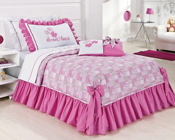 Kit Cama (Colcha + Almofada) Solteiro Kit Doce Lar Rosa estampado Algodão com 4 peças - Bernadete casa Menor preço em Kit Cama (Colcha + Almofada) Solteiro Kit Doce Lar Rosa estampado Algodão com 4 peças - Bernadete casa