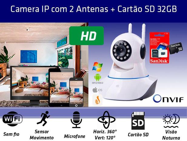 Kit Câmera IP P2P 1.3MP WIFI com 2 Antenas e Cartão de memória 32gb - Câmera wifi Menor preço em Kit Câmera IP P2P 1.3MP WIFI com 2 Antenas e Cartão de memória 32gb - Câmera wifi