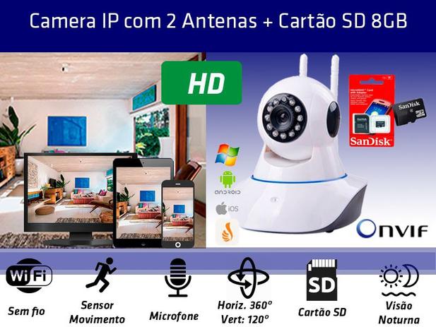 Kit Câmera IP P2P 1.3MP WIFI com 2 Antenas e Cartão de memória 8gb - Câmera wifi Menor preço em Kit Câmera IP P2P 1.3MP WIFI com 2 Antenas e Cartão de memória 8gb - Câmera wifi