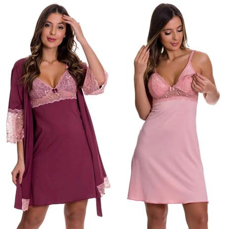 KIT Camisola Amamentação Gestante com Robe Vinho com Rose + Camisola  Maternidade Amamentar Rosê Moda de Baixo - V131 - Roupa Íntima para Bebês -  Magazine Luiza