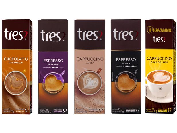Kit Cápsulas Café Capuccino e Chocolatto TRES - 3 Corações 10 Cápsulas 5 Unidades Menor preço em Kit Cápsulas Café Capuccino e Chocolatto TRES - 3 Corações 10 Cápsulas 5 Unidades