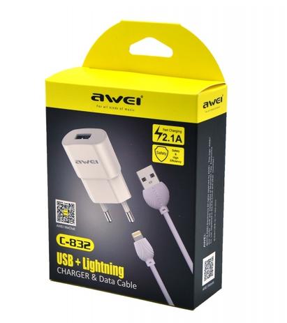Kit carregador de viagem 2.1A 1XUSB + cabo lightning da AWEI Menor preço em Kit carregador de viagem 2.1A 1XUSB + cabo lightning da AWEI