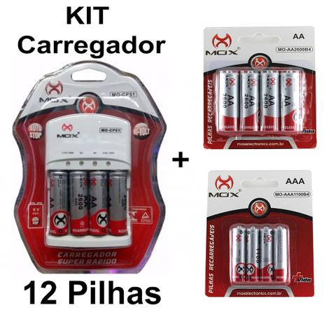 Kit Carregador Pilhas Auto Stop 8 Aa + 4 Palito 1000Mah Mox Menor preço em Kit Carregador Pilhas Auto Stop 8 Aa + 4 Palito 1000Mah Mox