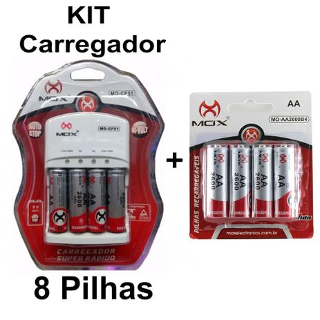 Kit Carregador Pilhas Mox 8 Pilhas Recarregavéis AA 2600Mah Menor preço em Kit Carregador Pilhas Mox 8 Pilhas Recarregavéis AA 2600Mah