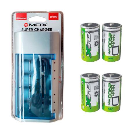 Kit Carregador Universal + 4 Pilhas Tipo D Grande Flex - Mox e flex Menor preço em Kit Carregador Universal + 4 Pilhas Tipo D Grande Flex - Mox e flex