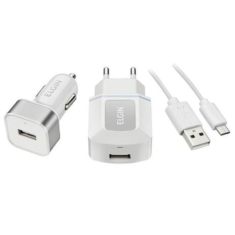 Kit Carregador USB De Tomada + Carregador USB Veicular Cabo 1M Elgin Menor preço em Kit Carregador USB De Tomada + Carregador USB Veicular Cabo 1M Elgin