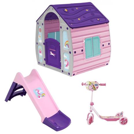 Kit Casinha Infantil em Plastico + Escorregador + Patinete Unicornio Rosa Bel Menor preço em Kit Casinha Infantil em Plastico + Escorregador + Patinete Unicornio Rosa Bel