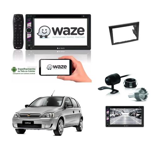 Kit Central Multimidia Dvd Corsa + Moldura + Camera - E-tech Menor preço em Kit Central Multimidia Dvd Corsa + Moldura + Camera - E-tech
