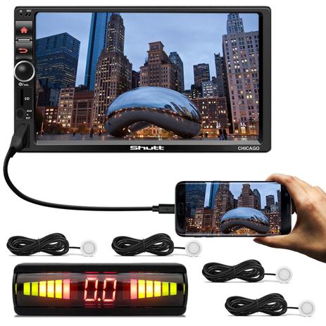 Kit Central Multimídia Shutt Chicago 2 Din 7” Bluetooth Android IOS + Sensor Estacionamento Branco Menor preço em Kit Central Multimídia Shutt Chicago 2 Din 7” Bluetooth Android IOS + Sensor Estacionamento Branco
