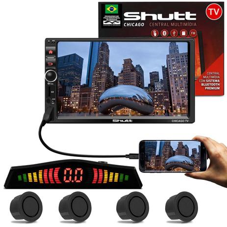 Kit Central Multimídia Shutt Chicago TV 7 Pol Bluetooth Tv Digital USB + Sensor Ré 4 Pontos Grafite - Prime Menor preço em Kit Central Multimídia Shutt Chicago TV 7 Pol Bluetooth Tv Digital USB + Sensor Ré 4 Pontos Grafite - Prime