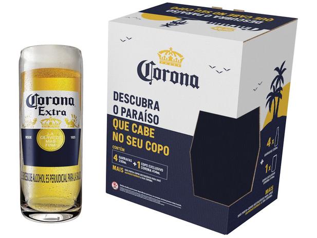 Kit Cerveja Corona Lager 4 Unidades 330ml com Copo - 104039 Menor preço em Kit Cerveja Corona Lager 4 Unidades 330ml com Copo - 104039