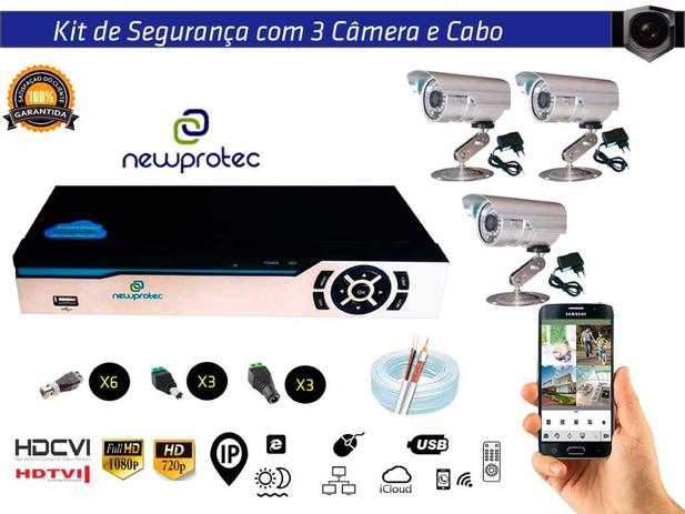 Kit Cftv 3 Câmeras Convencionais com Dvr 4ch 5x1 Full Hd e 100m Cabo Coaxial - Newprotec Menor preço em Kit Cftv 3 Câmeras Convencionais com Dvr 4ch 5x1 Full Hd e 100m Cabo Coaxial - Newprotec
