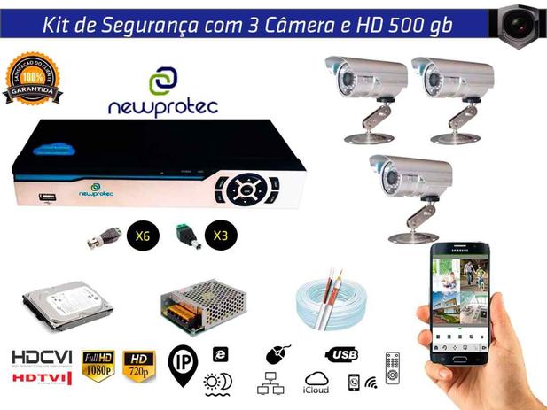 Kit Cftv 3 Câmeras Convencionais com Dvr 4ch 5x1 Full Hd + Hd500gb 100m Cabo Coaxial e Fonte 5A - Newprotec Menor preço em Kit Cftv 3 Câmeras Convencionais com Dvr 4ch 5x1 Full Hd + Hd500gb 100m Cabo Coaxial e Fonte 5A - Newprotec
