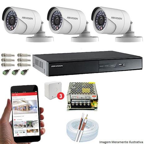 Kit CFTV 3 Câmeras Hikvision DVR 4 canais DS-7204 Acessórios Menor preço em Kit CFTV 3 Câmeras Hikvision DVR 4 canais DS-7204 Acessórios