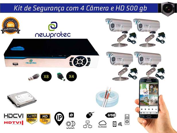 Kit Cftv 4 Câmeras Convencionais com Dvr 4ch 5x1 Full Hd + Hd 500gb e 100m Cabo Coaxial - Newprotec Menor preço em Kit Cftv 4 Câmeras Convencionais com Dvr 4ch 5x1 Full Hd + Hd 500gb e 100m Cabo Coaxial - Newprotec