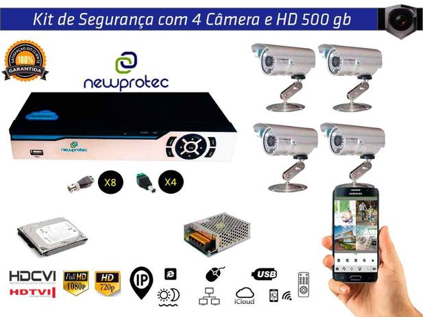 Kit Cftv 4 Câmeras Convencionais com Dvr 4ch 5x1 Full Hd + Hd 500gb e Fonte 5A - Newprotec Menor preço em Kit Cftv 4 Câmeras Convencionais com Dvr 4ch 5x1 Full Hd + Hd 500gb e Fonte 5A - Newprotec