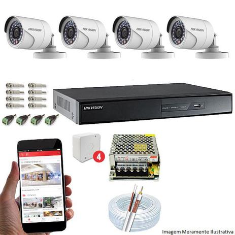 Kit CFTV 4 Câmeras Hikvision DVR 8 canais DS-7208 Acessórios Menor preço em Kit CFTV 4 Câmeras Hikvision DVR 8 canais DS-7208 Acessórios